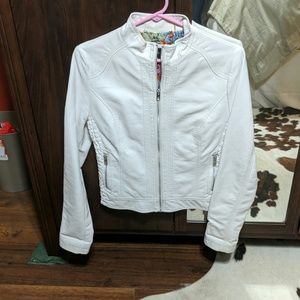 White, fitted, faux leather jacket